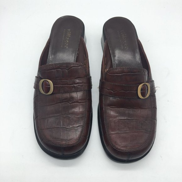 LIZ CLAIBORNE VILLAGER Slides Mules Leather 7.5 Charity Brown Textured Heel - Picture 2 of 8